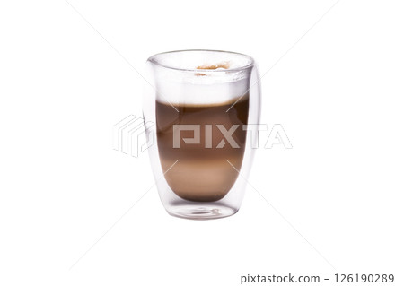 Glass cup with cappuccino coffee. Side view Isolated on white or transparent background Glass cup with cappuccino coffee. Side view Isolated on white or transparent background 126190289