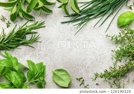 Fresh herbs bordering a rustic gray background for culinary designs 126190320