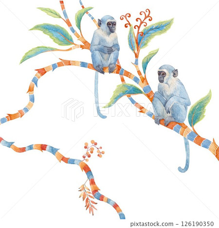 Cute hand drawn Watercolor Monkeys on Colorful Tree Branches 126190350