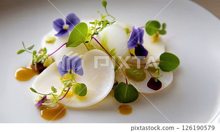 An Artfully Garnished Salad with Edible Flowers and Fresh Microgreens for Delight 126190579