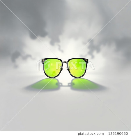 A pair of stylish green sunglasses set against a misty and artistic background scene A pair of stylish green sunglasses set against a misty and artistic background scene 126190660