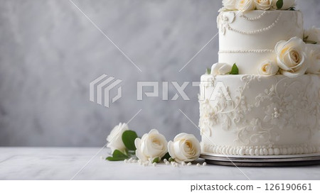 A wedding cake topped with white frosting and white roses displayed on a table 126190661