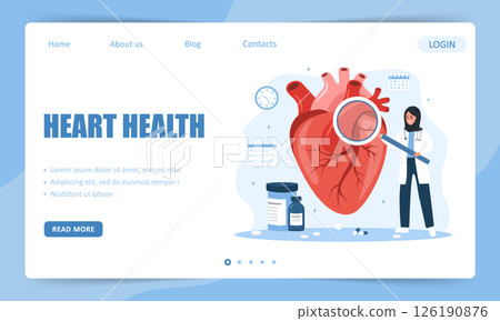 Heart health. Landing page template. Arab Female doctor. Cardiovascular diseases. Vector illustration in flat cartoon style 126190876