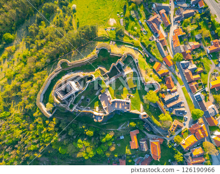 Majestic Rabi Castle ruins stand amidst lush greenery and nearby village roofs. An aerial perspective highlights the historical significance and scenic beauty of this landmark in Czechia. 126190966