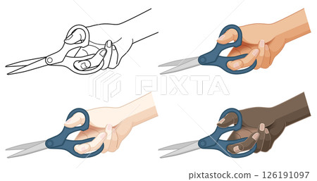 Monochrome line drawing of a hand holding scissors and variations of hands of Asian, Caucasian, and Black people holding scissors 126191097