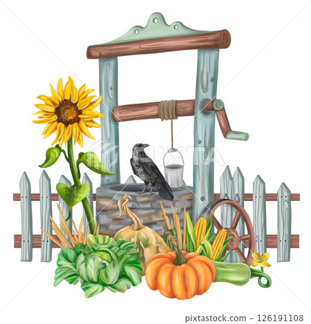 Autumn garden arrangement with a garden well and a harvest of seasonal vegetables. Pumpkins, zucchini, sunflowers, cabbage, corn. Backyard decor, farm fields, vegetable garden. Isolated illustration 126191108