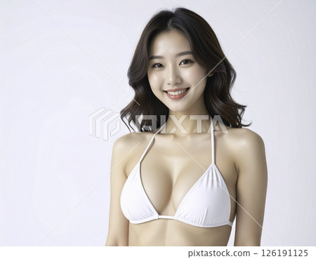 Woman in a white swimsuit, portrait, white background, copy space available, summer, sea, swimsuit model, beauty, health care 126191125