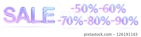 Glass holographic liquid transparent sale letters with discount numbers minus 50, 60, 70, 80, 90 percent sign, shopping price offer. Water font, fluid gradient digit set, promo design. 3D illustration 126191183