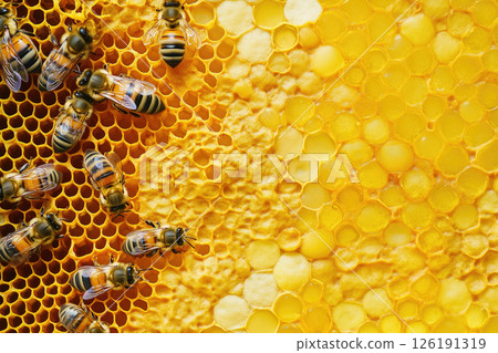 Bees busy at work collecting nectar and creating honey in a beehive 126191319