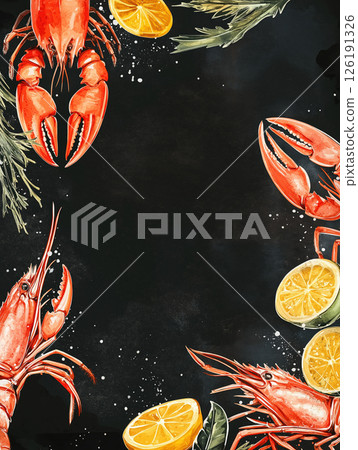 Colorful seafood illustrations with lobsters and lemon 126191326