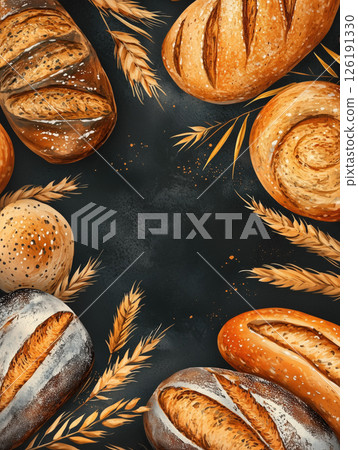 Freshly baked bread assortment with golden wheat on a dark background 126191330