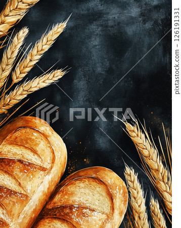 Freshly baked bread assortment with golden wheat on a dark background 126191331