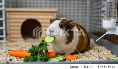 Guinea pig eats healthy veggies in cozy cage, enjoys healthy fresh food Guinea pig eats healthy veggies in cozy cage, enjoys healthy fresh food 126191644