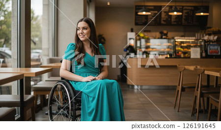 Woman in wheelchair feels cafe enjoyment, her bright smile shows deep enjoyment 126191645