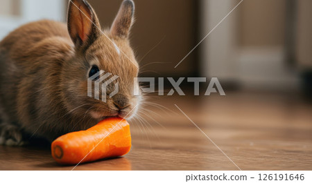Adorable brown rabbit eats carrot snack on floor, a truly adorable pet moment Adorable brown rabbit eats carrot snack on floor, a truly adorable pet moment 126191646
