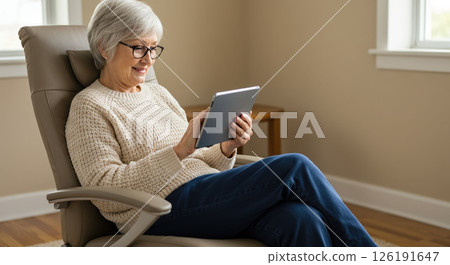 Senior woman in comfy chair uses tablet, she learns new skills and learns daily 126191647