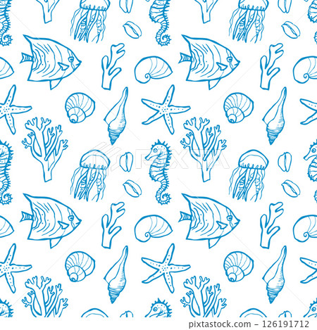Vector seamless hand drawn outline pattern with shells and fish 126191712