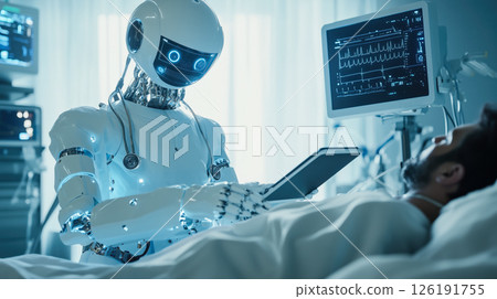 An A.I. robot doctor taking care of a patient. The concept of futuristic healthcare, artificial intelligence in medicine, and human-robot interaction for patient well-being. Generative AI. 126191755