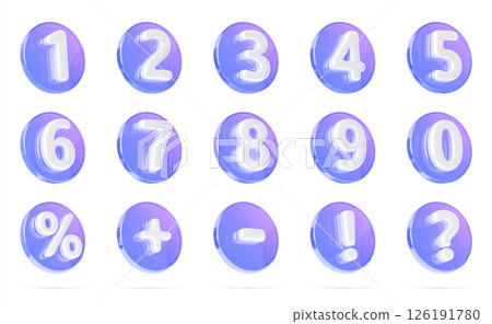 3d glass holographic transparent circle numbers from 0 to 9, percent sign, question mark, exclamation, plus, minus symbol. Crystal gradient round with white digits isolated render set. 3D illustration 126191780