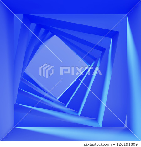 3d blue square spin tunnel perspective. Futuristic rotation portal of geometric frames with turquoise lines of light and shadow on wall and floor. Abstract architecture design render. 3D illustration 126191809