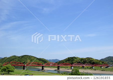 Red iron bridge over the Shimanto River 126191855