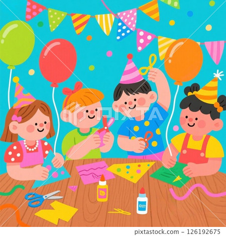 Illustration material: Preparing for a birthday party, children 126192675