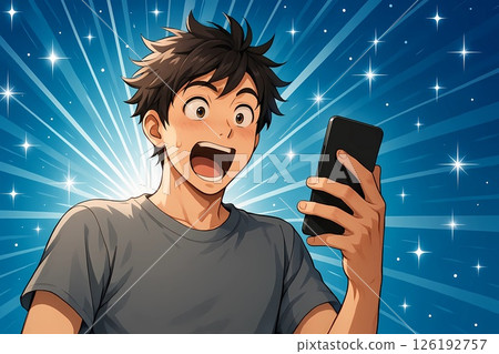 年輕人看著他的智慧型手機螢幕時感到驚訝和高興 年輕人看著他的智慧型手機螢幕時感到驚訝和高興 126192757