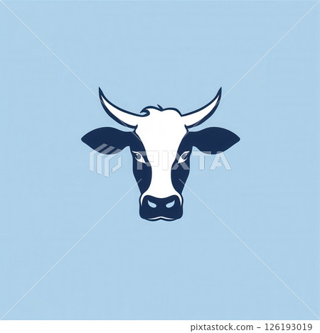 Stylized cow logo representing a minimalist dairy farm brand in soft blue and white colors 126193019