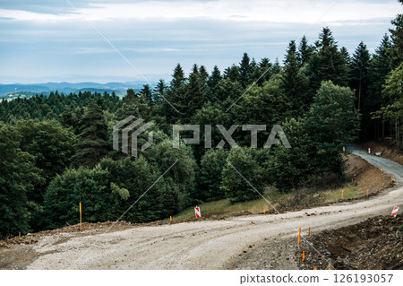 Dirt road under construction winding through a dense forested landscape with mountains in the background. Infrastructure expansion, forest development, land modification, remote access routes.. 126193057