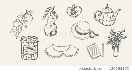 Cottagecore set cosy country rural things sketch. Retro cute whimsy farm themed cottage core aesthetic. Hobby collection, vegetables doodle. 126193165