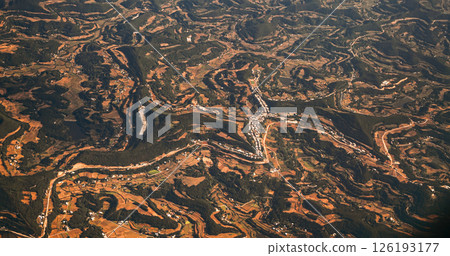 Surrounding Areas Of Santai County, China. View From Airplane Window On Landscape Of China. Porthole View Or Called Bull's-eye Window. Aerial View On Fields And Forest 126193177