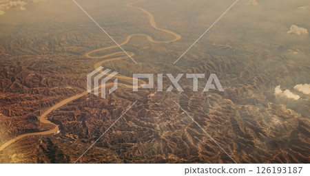 China. View From Airplane Window On Yongding River. Largest River To Flow Through Beijing. Aerial View On Mountainous Terrain. Mountainous Landscape. Wuding River Or Unfixed River Because Its Flow Was 126193187