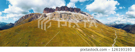 Panoramic view of the Mountain landscape in the autumn. Piz Boe. Pordoi pass in The Dolomites, South Tyrol, Italy. Horizontal banner 126193193