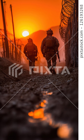 Two soldiers patrol fortified border fence at sunset, dramatic shadows and barbed wire visible 126193268