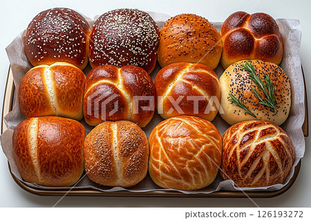 Food marketing. Variety of baked buns in on a wooden trading tray on a white background. Food marketing. Variety of baked buns in on a wooden trading tray on a white background. 126193272