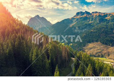 Mountain landscape background. Dolomite Alps in South Tyrol. Trentino-Alto Adige, Val di Fassa, Italy, Europe Mountain landscape background. Dolomite Alps in South Tyrol. Trentino-Alto Adige, Val di Fassa, Italy, Europe 126193303