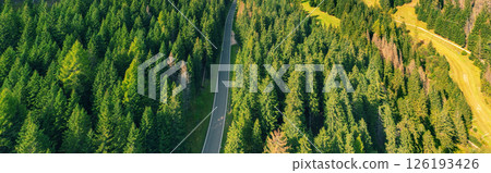 Mountain landscape Mountain road in the forest in autumn. The Dolomites in South Tyrol, Italy, Europe. Horizontal banner 126193426