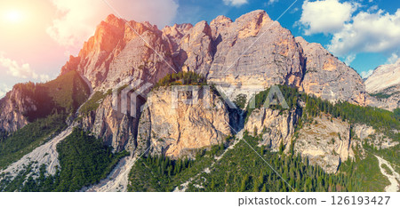 Mountain landscape. Rocks against the sky. Piz dles Cunturines. Dolomites in Bolzano, Italy, Europe 126193427