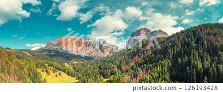 Mountain landscape background. Rocks against the sky. The Dolomites in South Tyrol, Italy, Europe. Horizontal banner Mountain landscape background. Rocks against the sky. The Dolomites in South Tyrol, Italy, Europe. Horizontal banner 126193428