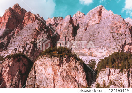 Mountain landscape. Rocks against the sky. Piz dles Cunturines. Dolomites in Bolzano, Italy, Europe 126193429