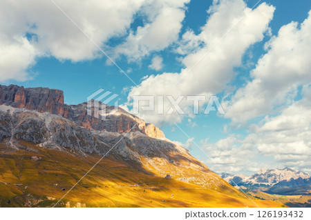Mountain landscape in the autumn. Piz Boe. Pordoi pass in The Dolomites, South Tyrol, Italy 126193432