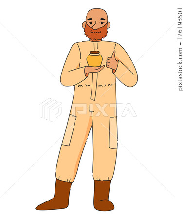 Male beekeeper in protective suit holding jar of honey and showing thumbs up Male beekeeper in protective suit holding jar of honey and showing thumbs up 126193501