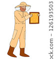 Man beekeeper in protective suit holding wooden beehive frame with honeycombs 126193503