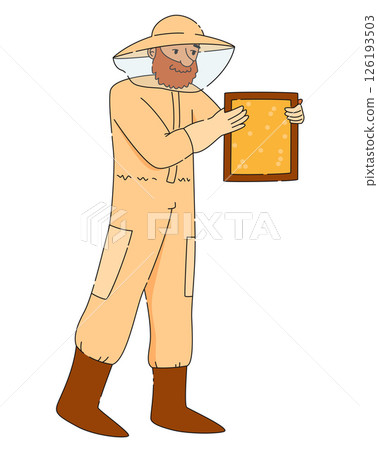 Man beekeeper in protective suit holding wooden beehive frame with honeycombs Man beekeeper in protective suit holding wooden beehive frame with honeycombs 126193503