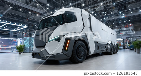 Futuristic truck electric vehicle white modern in motor show event 126193543
