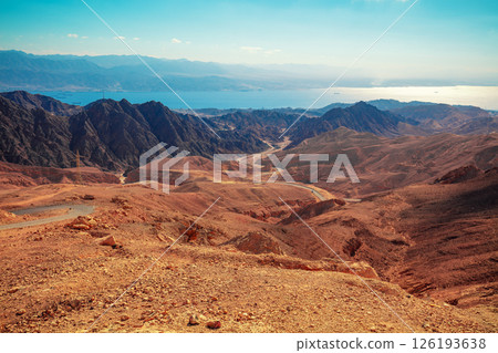 View of the Red Sea and Jordan from Israel. Beautiful mountain landscape. Mountains against the sea. Israel 126193638