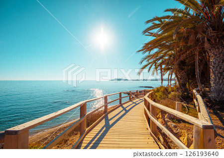 Seascape on a sunny day with a clear blue sky. Palm trees on the beach. Winding boardwalk to the beach. Mazarron, Murcia, Spain Seascape on a sunny day with a clear blue sky. Palm trees on the beach. Winding boardwalk to the beach. Mazarron, Murcia, Spain 126193640