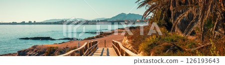 Seascape on a sunny day with a clear blue sky. Palm trees on the beach. Boardwalk to the beach. Mazarron, Murcia, Spain. Horizontal banner 126193643
