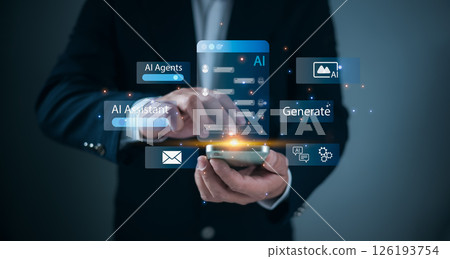 Automation technology, Future digital communication, Businessman using smartphone with AI chatbot interface Representing artificial intelligence assistant, Virtual customer service, Machine learning. Automation technology, Future digital communication, Businessman using smartphone with AI chatbot interface Representing artificial intelligence assistant, Virtual customer service, Machine learning. 126193754