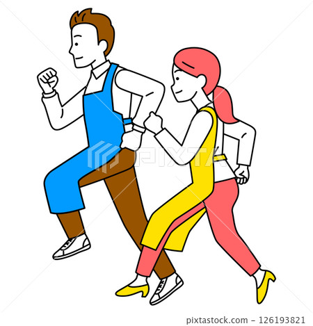 Men and women wearing aprons running (sideways) 126193821